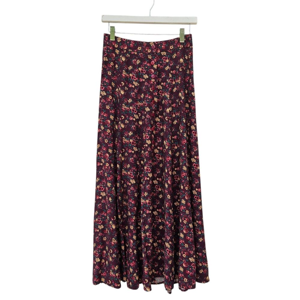 Vtg 90s Express Small Dark Floral Button Maxi Skirt Burgundy Cottagecore Boho - Picture 1 of 6